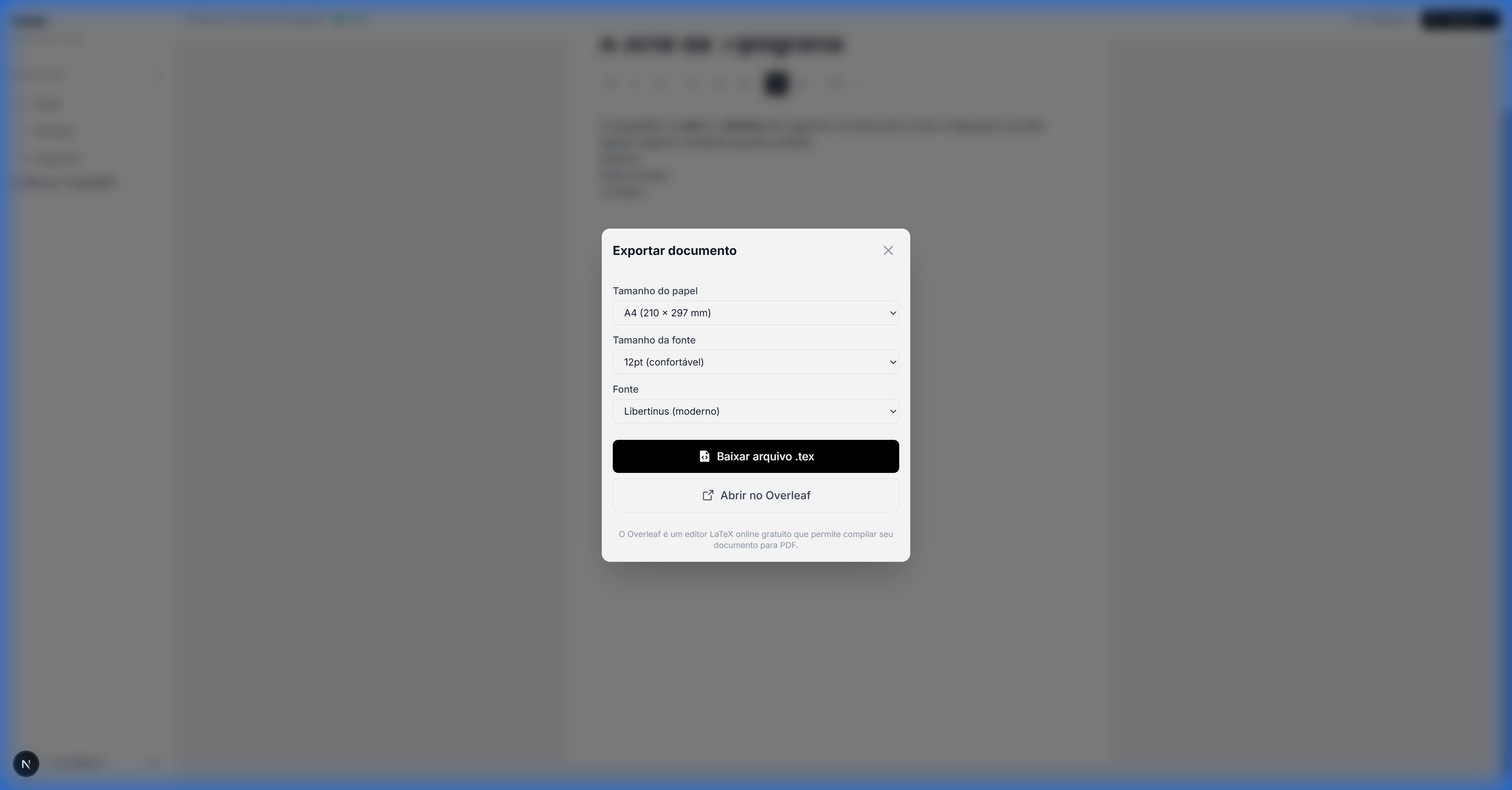 Modal de exportação LaTeX