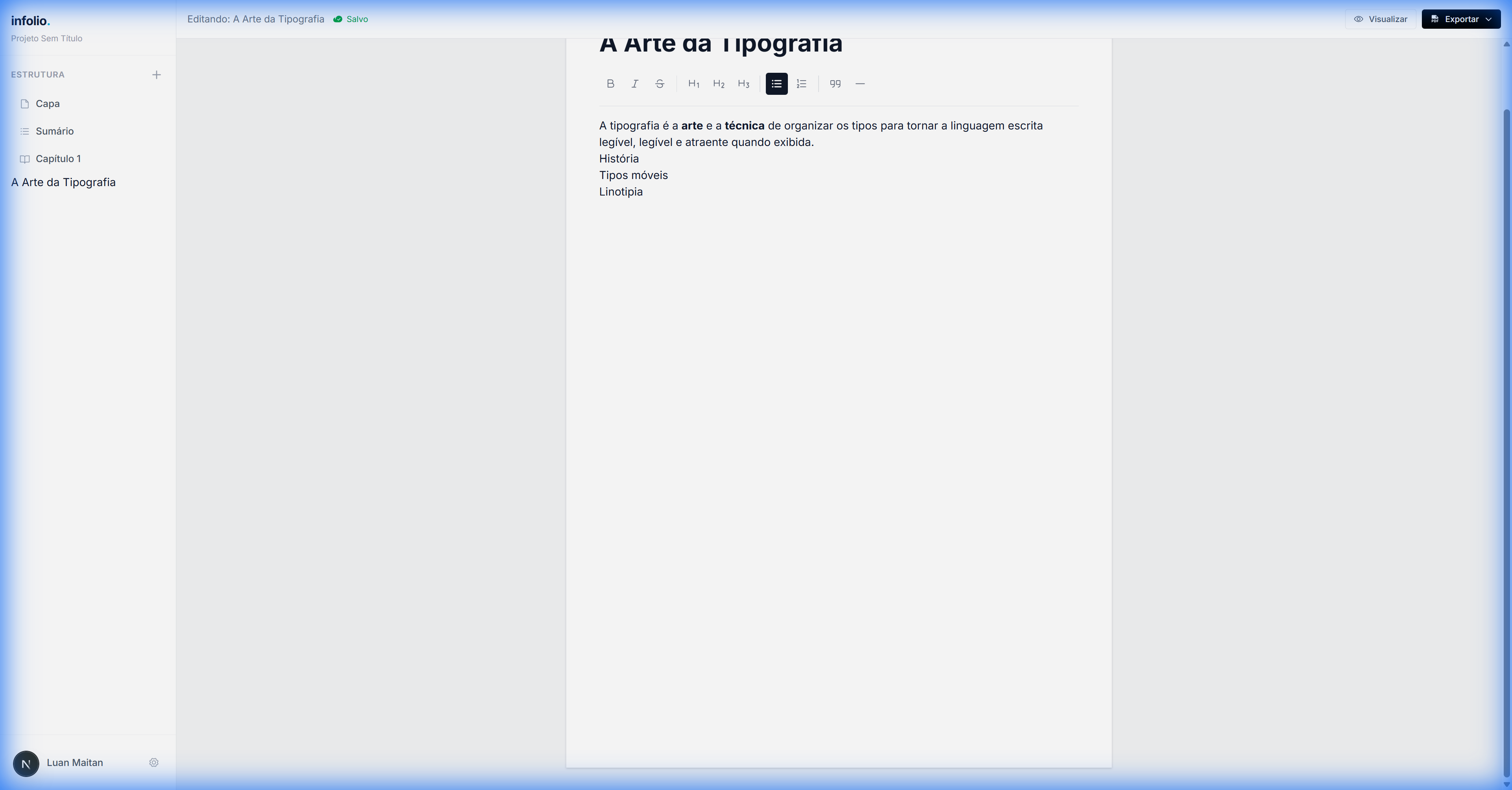 Interface do Infolio Studio mostrando editor tipográfico